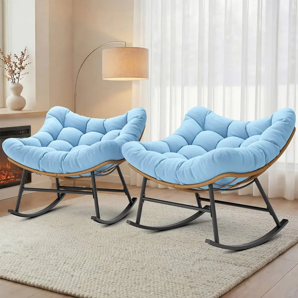 SIKAIC 2-Piece Patio Rattan Furniture Outdoor Wicker Rocking Chairs Set - Waterproof, Sky Blue Cushioned, Casual Reading Seating for Patio, Balcony, Easy to Assemble,home decor,camping essentials, Outside Chair, Comfy Outdoor Chair