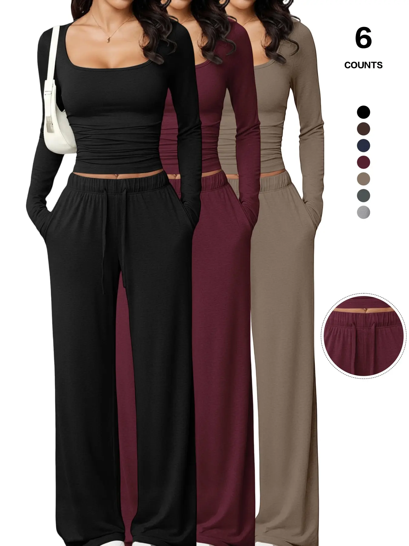New Women's 2PCS/6PCS Square Neck Long Sleeve Top & Wide Leg Pants with Adjustable Drawstring and Pockets, Basic Casual Home Wear, Womenswear