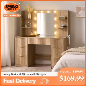 AMERLIFE 36.2/47.2" Fluted Vanity Desk with Mirror and Adjustable LED Lights, Large 4/7 Drawers Makeup Table with Glass Top and Charging Station for Women and Girls, Bedroom or Dorm/Best Gift Ideas/Christmas Gifts