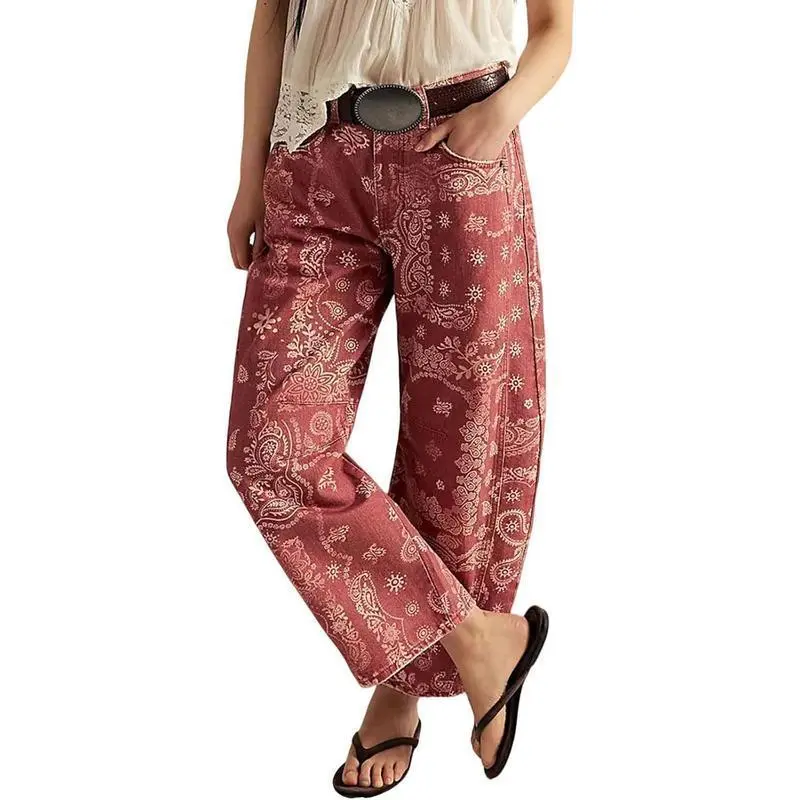 Women's Floral Print Boyfriend Barrel Jeans, Mid Rise Wide Leg Patchwork Denim Ankle Pants, Baggy Casual Loose Fit Fashion Denim Bottoms athleisure