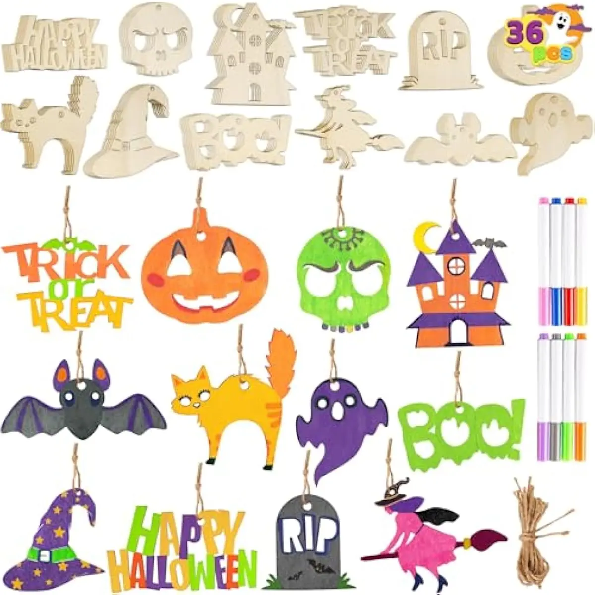 JOYIN 100 Pcs Halloween Craft Wooden Painting Kit, Halloween Party Supplies, Party Favors for Kids, Wood Blank Cutouts Ornaments, Gift Tags Decor for School Art DIY Activities Goodies Games