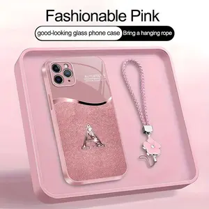 Luxury Pink Phone Case with Lanyard Initial Letter A-Z Cover for iPhone 11 Pro --975
