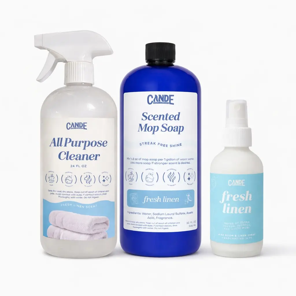 C&E Household 3-in-1 Bundle for Home Care - Scented Fresh Linen All-Purpose Interior Cleaners Spray Bottle, Soft Floor Cleaning Solution for Sealed Hard Floors, Refreshes Any Fabric