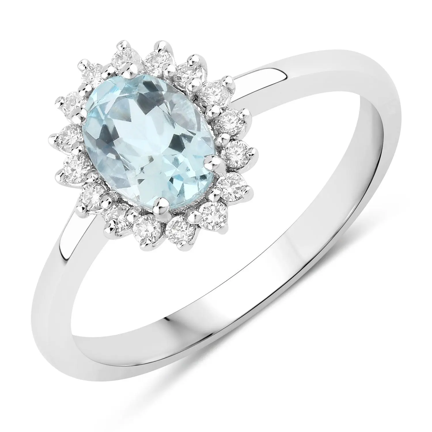 0.76 Ct Genuine Oval Aquamarine and Lab Diamond Silver Halo Ring