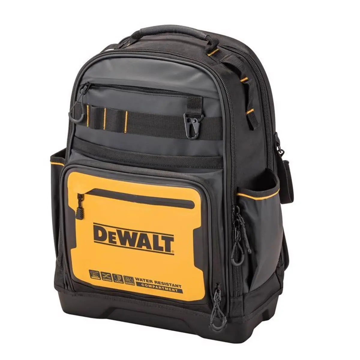 DeWalt Pro Heavy-Duty Multi-Functional Tool Backpack (2030022) - 1680D Tough Shell Polyester/Tarpaulin Bag, 43 Individual Pockets, Shoulder Strap, Tape Holder, Zipper Top, Water Resistant, IP54 Water-Resistant Compartment for Work Accessories