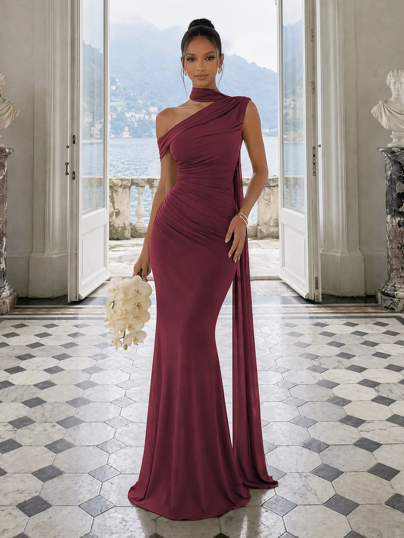 Curvysweet Isolde Women's 1-Shoulder Tight Mesh Ruched Maxi Formal Gown - Built-in Bra, Ribbon Accent, Sleeveless, Chic Elegant, Formal Wear, Bridesmaid Dresses, Maxi Dress for Women, Wedding Guest Dresses