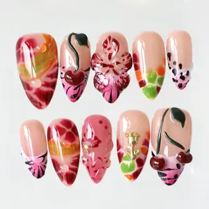 PG61 Cherry Bomb Press-On Nails, 100% 3D Handmade Glossy Acrylic, Almond Shape, Reusable Long-Lasting Salon Quality, Elegant Daily Wear Nail Art Accessories, Glossy Acrylic Nails