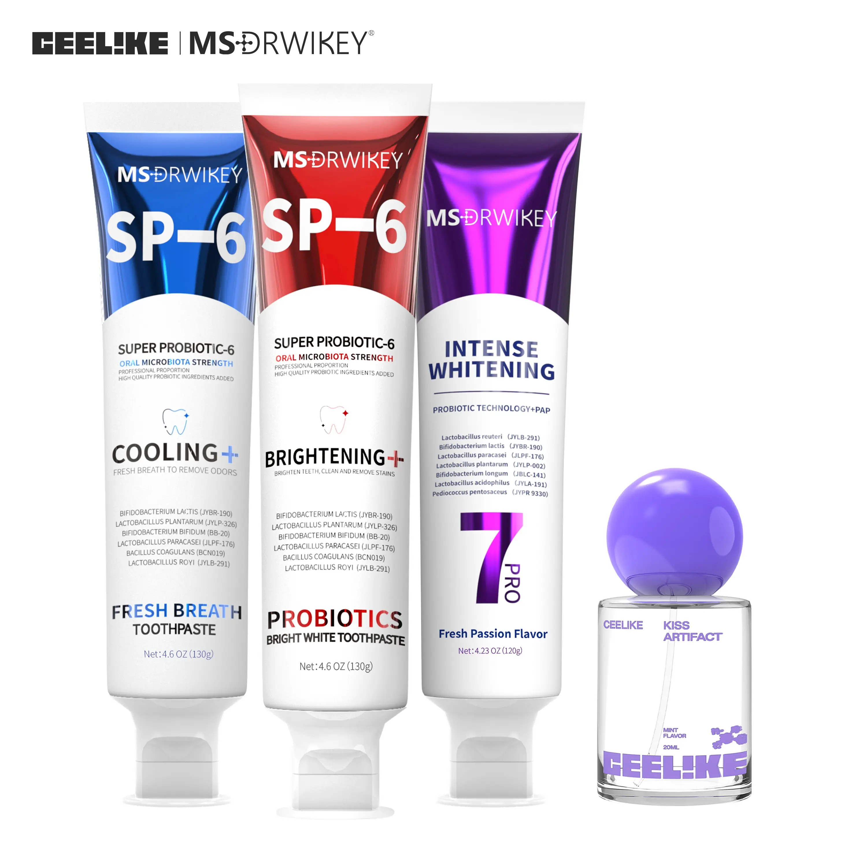 CEELIKE Teeth Cleaning Kit - 4-Piece Gift Box with 7Pro, SP-6, Mint Toothpaste, Probiotic Spray, Probiotics