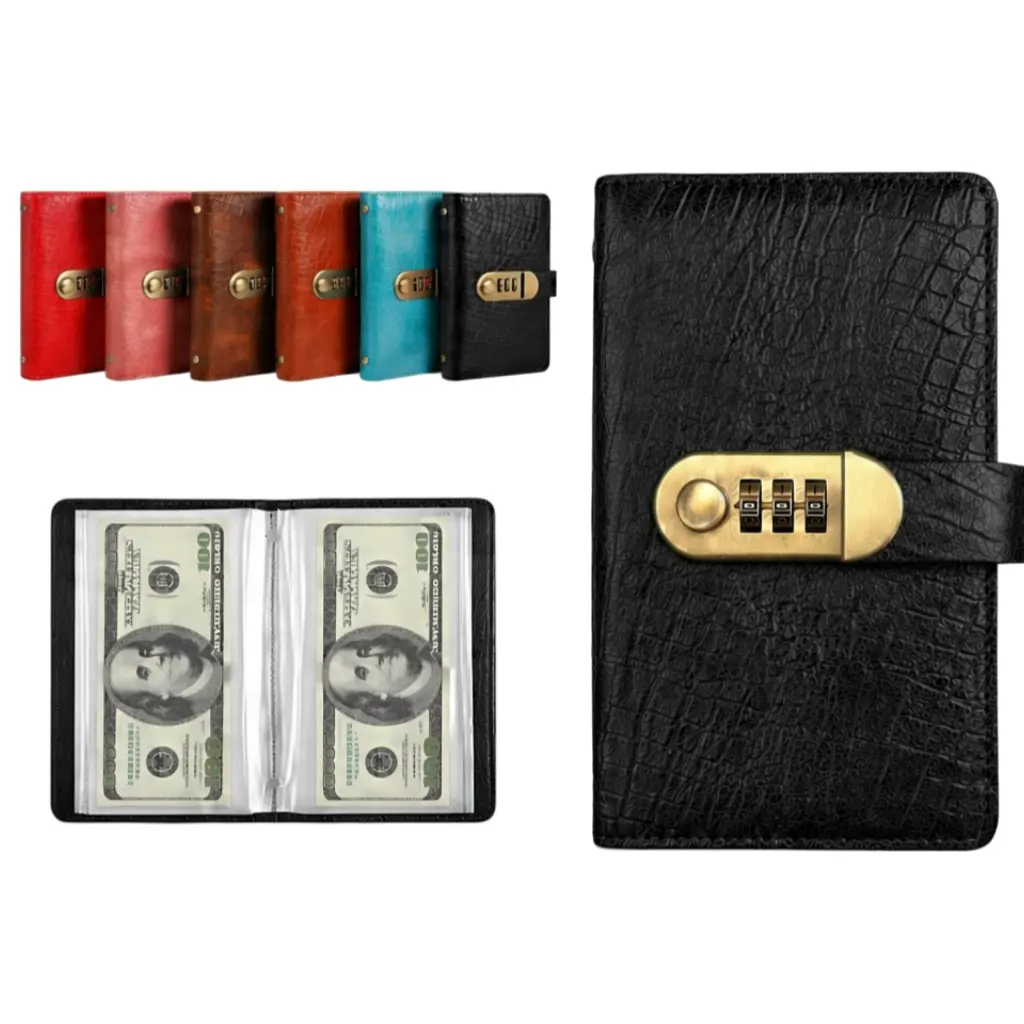 100 Pocket Currency Album with Password Lock, PU Leather Money Binder, Clear Banknote Sleeves for Collectors, Cash Storage Organizer, High Clarity Currency Collection Book, Secure Paper Money Holder, Durable Savings Album Gift