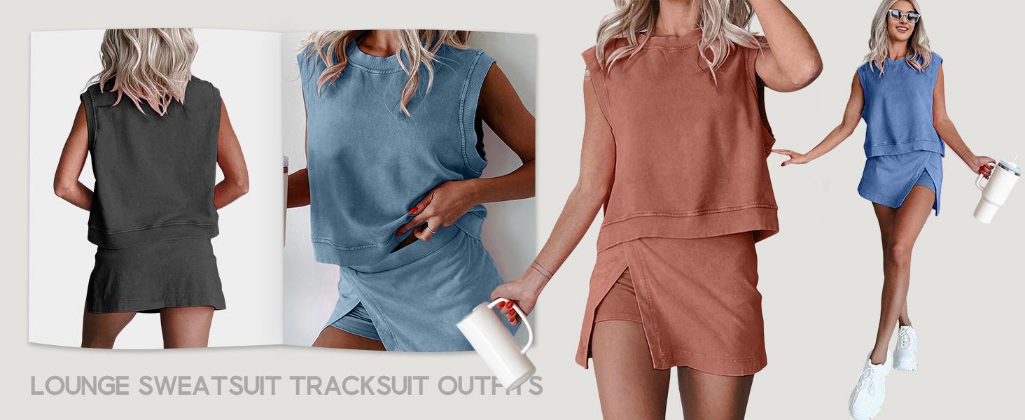 Jovenpara Women's 2 Piece Set Cotton Tank Top with Lined Split Athletic Skirt Casual Minimalist Sleeveless Suit for Daily Wear & Travel Summer Loungewear Womenswear Clothes Pajamas