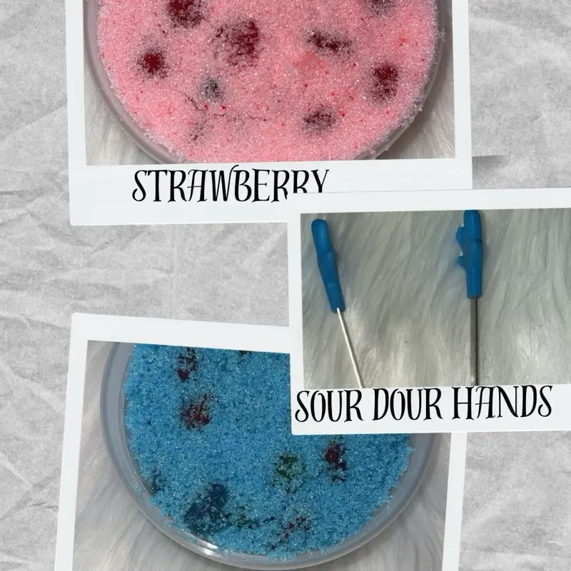 Two 8oz containers of our Sour Dour Bites Double Pack Sour Gushers Green Apple Flavor & strawberry Delicious Candy Treats with 1 Sour dour hand tool Sweet Snack Chewy Bonbon