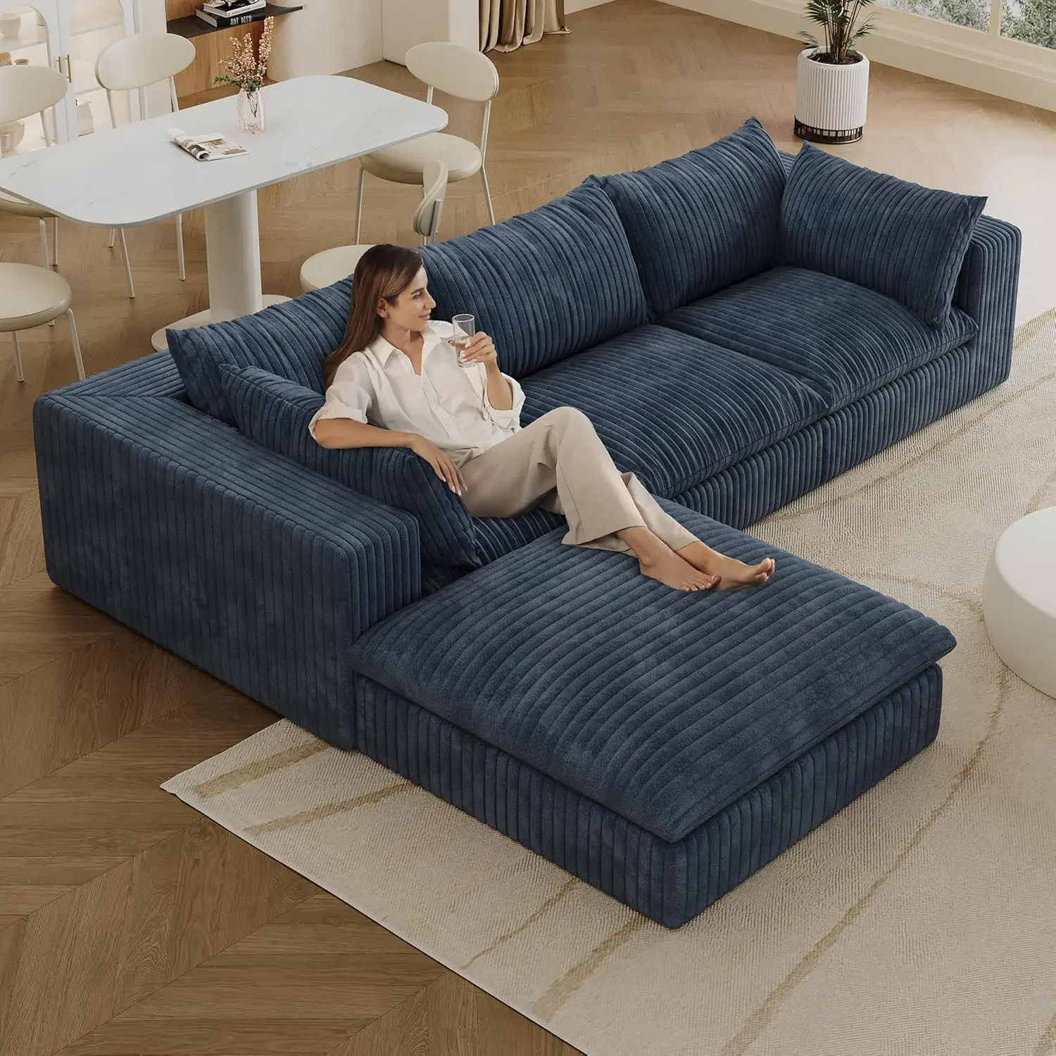 Cloud Boneless Modular Couch with Removable and Machine-Washable Cover – No Assembly, Corduroy Fabric for Living Room & Apartment, Blue – L-Shaped (3-Seater with 1 Ottomans)