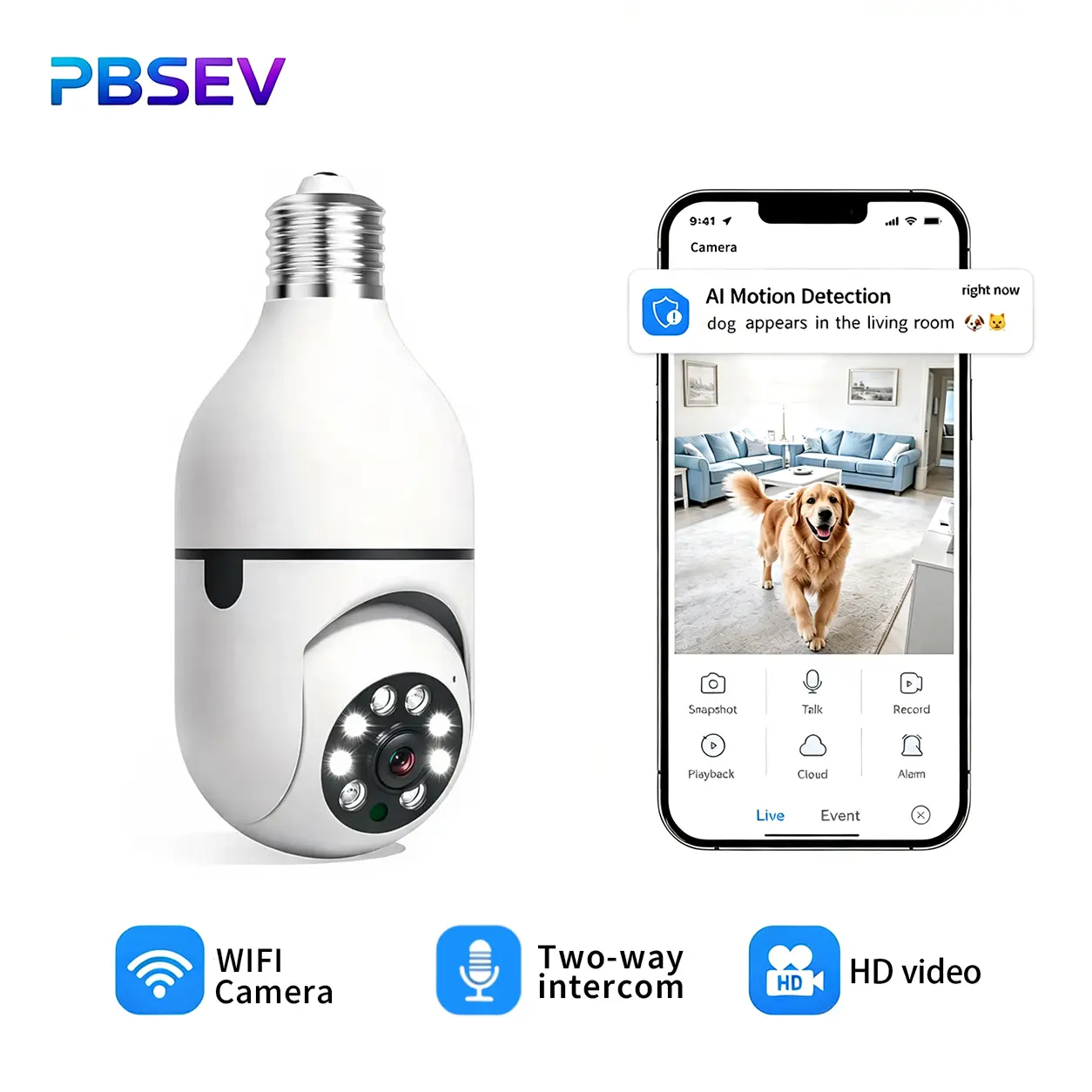 PBSEV Home Indoor Security Camera Kit,3MP Full HD Smart E27 Bulb Camera,featuring 360°pan-tilt rotation and 2.4GHz wireless WiFi system (NOT5G)supports motion detection,two-way audio,easy installation,compatible with TFcard/cloud storage