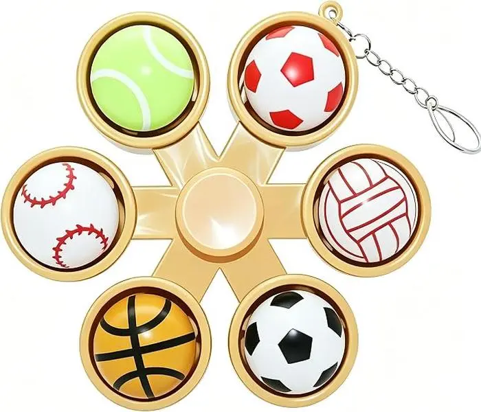 6 Sides Sports Ball Pop It Fidget Spinner Keychain, Soccer Basketball Baseball Volleyball Tennis Stress Relief Pop Toy for Kids Adults