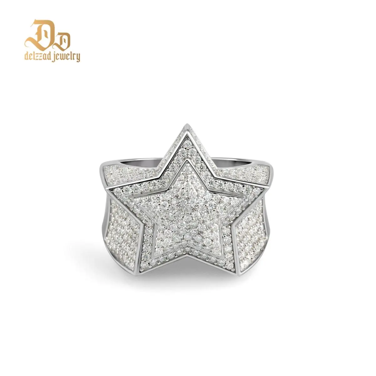 Delzzad S925 Bling Pentagram Ring Round VVS Synthetic Moissanite Unisex Hip Hop Iced Out Stars Ring Band Perfect for Any Occasion & Everyday Wear Birthday Anniversary Mother's Day Christmas Gifts for Men Women
