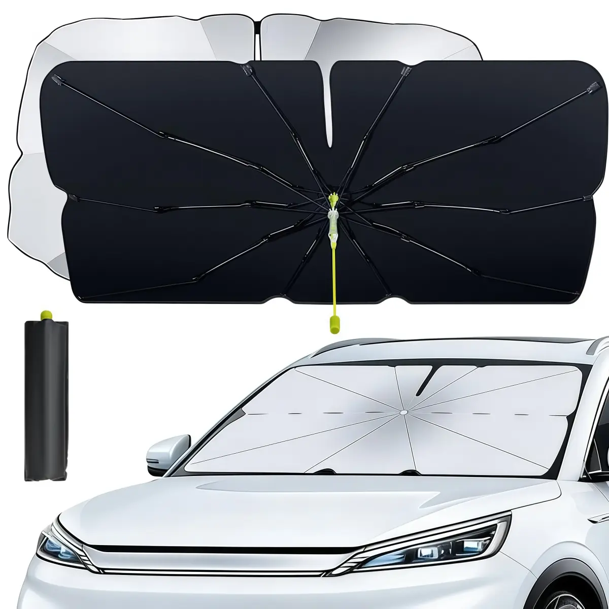Upgraded Thicken Windshield Cover Sun Shade Umbrella With Safe Hammer, 54 x 30 Inch Heavy Duty Car Windshield Cover Foldable Sunshade Umbrella Weatherproof for Summer,  2 in 1 All Season Universal for Cars, SUVs, Trucks