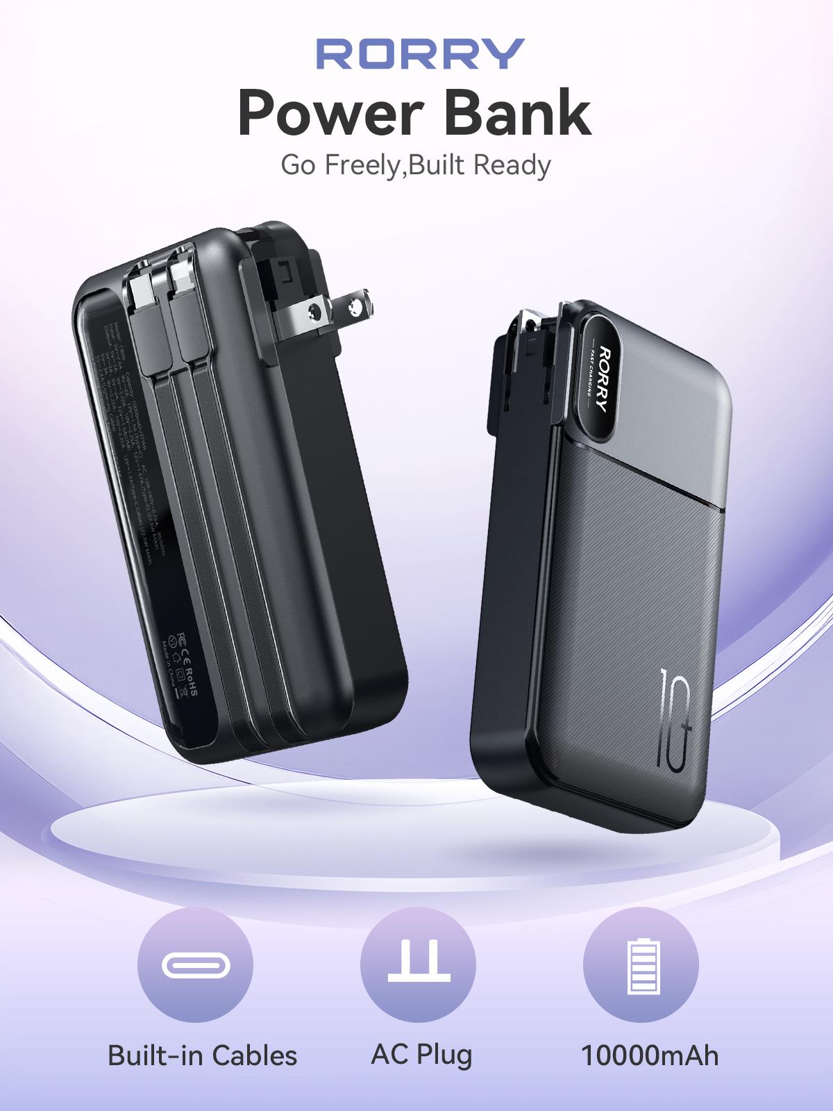 RORRY 10000mAh Portable Charger with Built-in Cables & AC Wall Plug 22.5W Fast Charging for iPhone Samsung Galaxy LG iPad Lightweight Power Bank Smartphone Compact Battery Packs Foldable