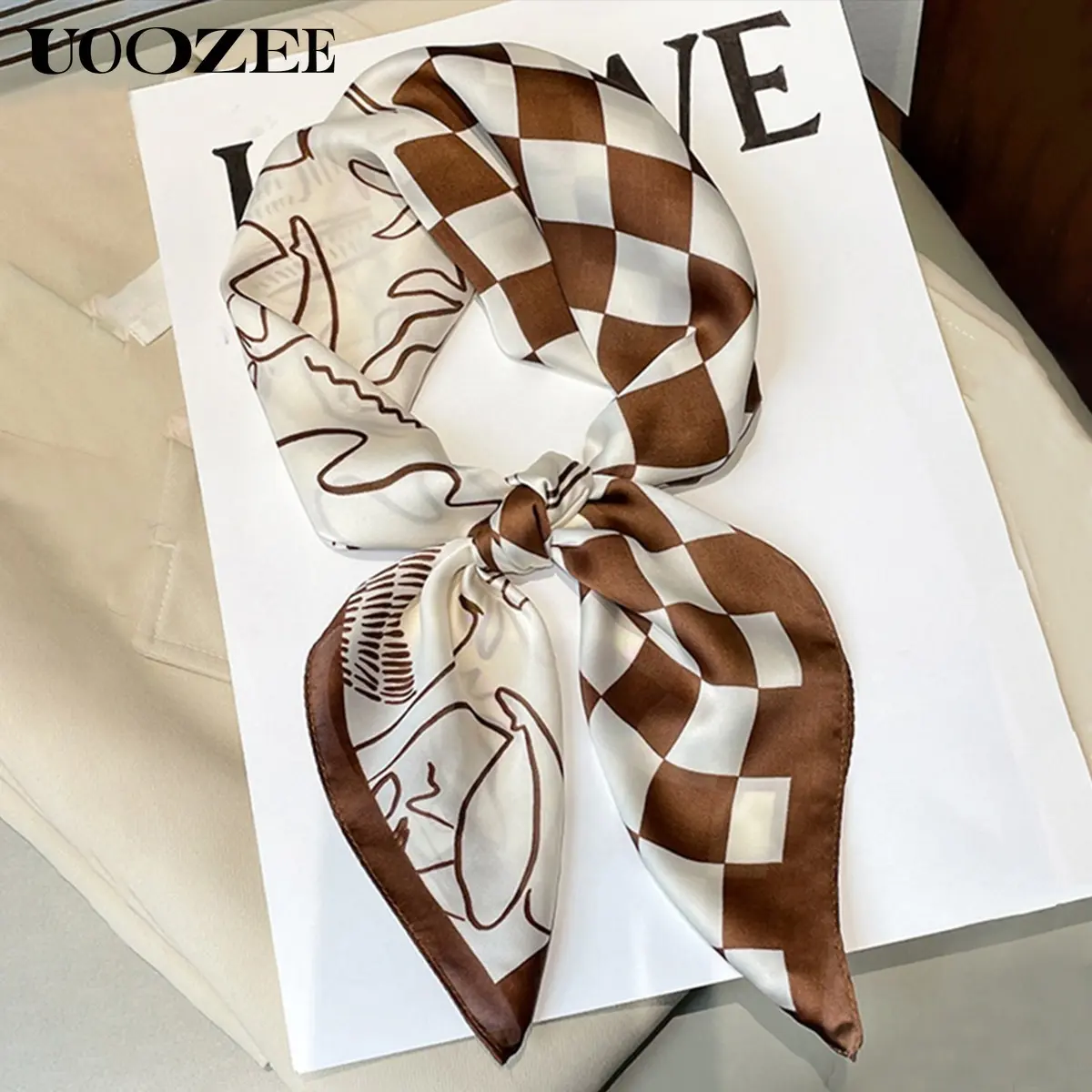 Women's Brown Plaid Polyester Scarf - One Size All Seasons Fashion Neck Shawl, Luxury Evening Wrap with Sun Protection for Wedding, Graduation, Party Events