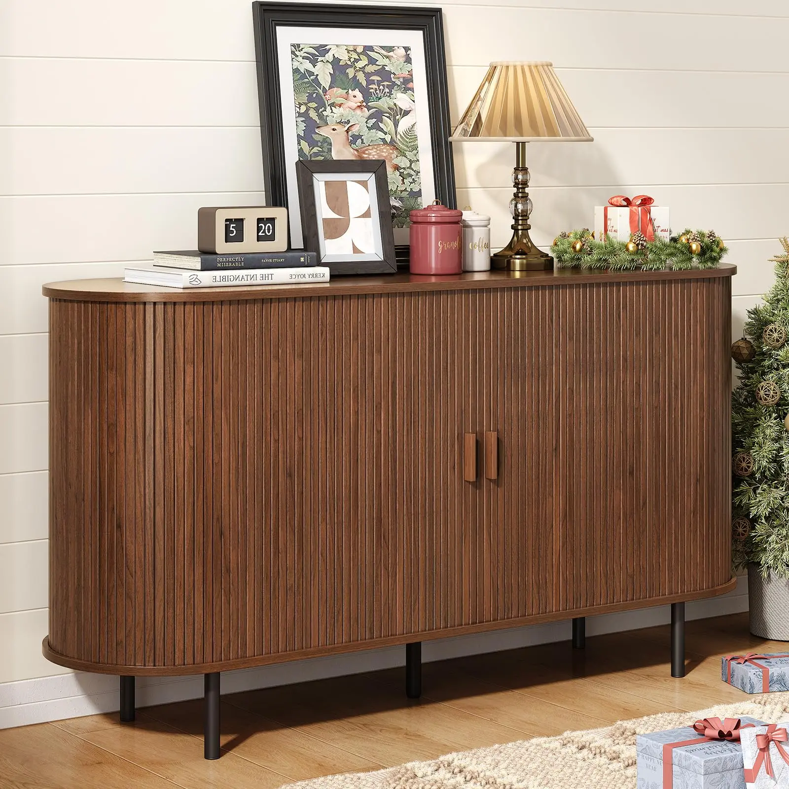 【BackToSchool】ONBRILL 40/48/55/63" Fluted Sideboard Buffet Cabinet with Storage, Storage Cabinet with Sliding Door & Adjustable Shelf, Modern Accent Coffee Bar Console Table, Kitchen Furniture, Entryway Furniture, Stylish Furniture