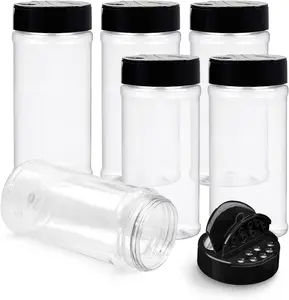 6 Pack 16 Oz Plastic Spice Jars with Black Cap, Clear and Safe Plastic Bottle Containers with Shaker Lids for Storing Spice, Herbs and Seasoning Powders, BPA Free, Made in USA