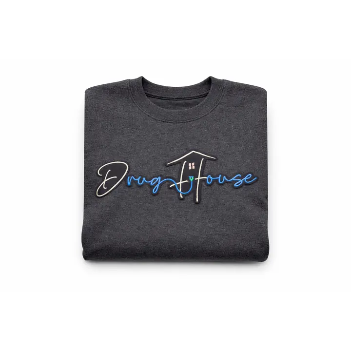 DrugHouse Embroidered Patch Crewneck Sweatshirt – Heather Grey(Small)