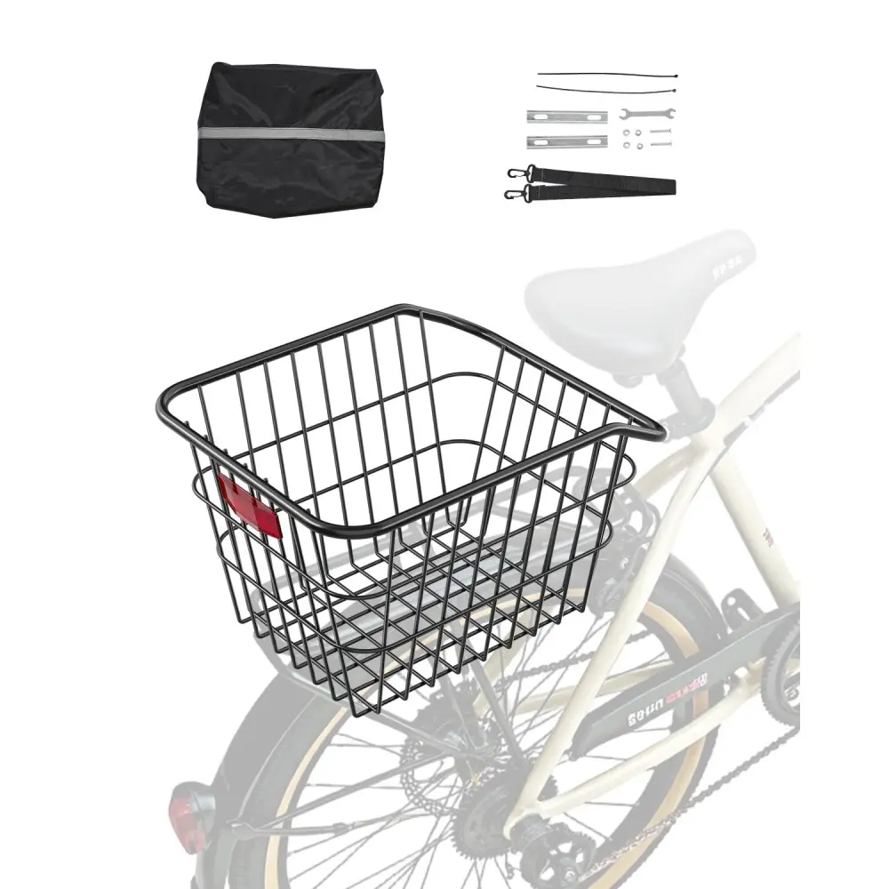 Metal Wire Rear Bike Basket with Reflective Tail Light Cover, Rectangle Shape, 14.8 x 11.4 x 9.8 in Size, 2.1 Lbs / 0.94 Kg Load Capacity for Bikes, 50 Lbs
