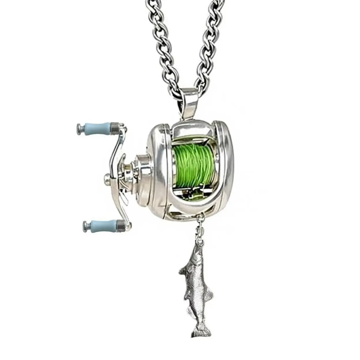 Mini Functional Fishing Reel Pendant Necklace, 360 Degree Rotatable Real Moving Line Guide Charm Link Chain, Outdoor Sport Themed Fashion Jewelry Gift For Male Angler And Fishing Enthusiasts