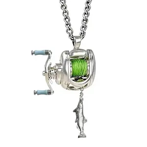Mini Functional Fishing Reel Pendant Necklace, 360 Degree Rotatable Real Moving Line Guide Charm Link Chain, Outdoor Sport Themed Fashion Jewelry Gift For Male Angler And Fishing Enthusiasts