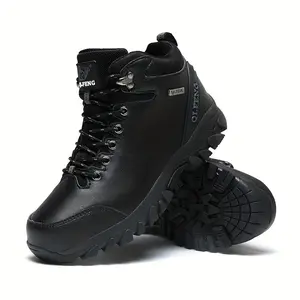 Men'S Lace Up High Top Durable Hiking Boots, Warm Plush Lining Comfy Anti-skid PU Shoes For Hiking Hunting Camping Trekking