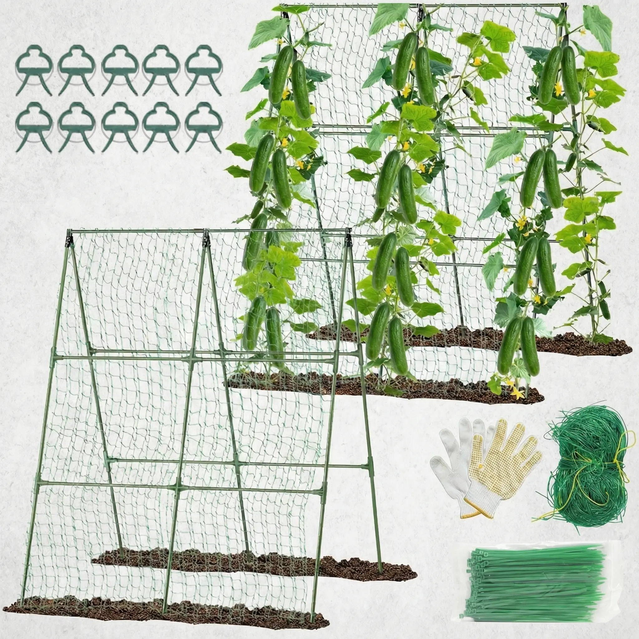 MQHUAYU 2PCS Durable Metal-and-PE Coated Garden Trellis with Nylon Climbing Net, Adjustable Raised Bed Support, Anti-Slip Base, Clips, Zip Ties, Humanized Design for Flowers, Vegetables, Courtyards (Plant Stability Enhancer, Outdoor Garden Accessory)