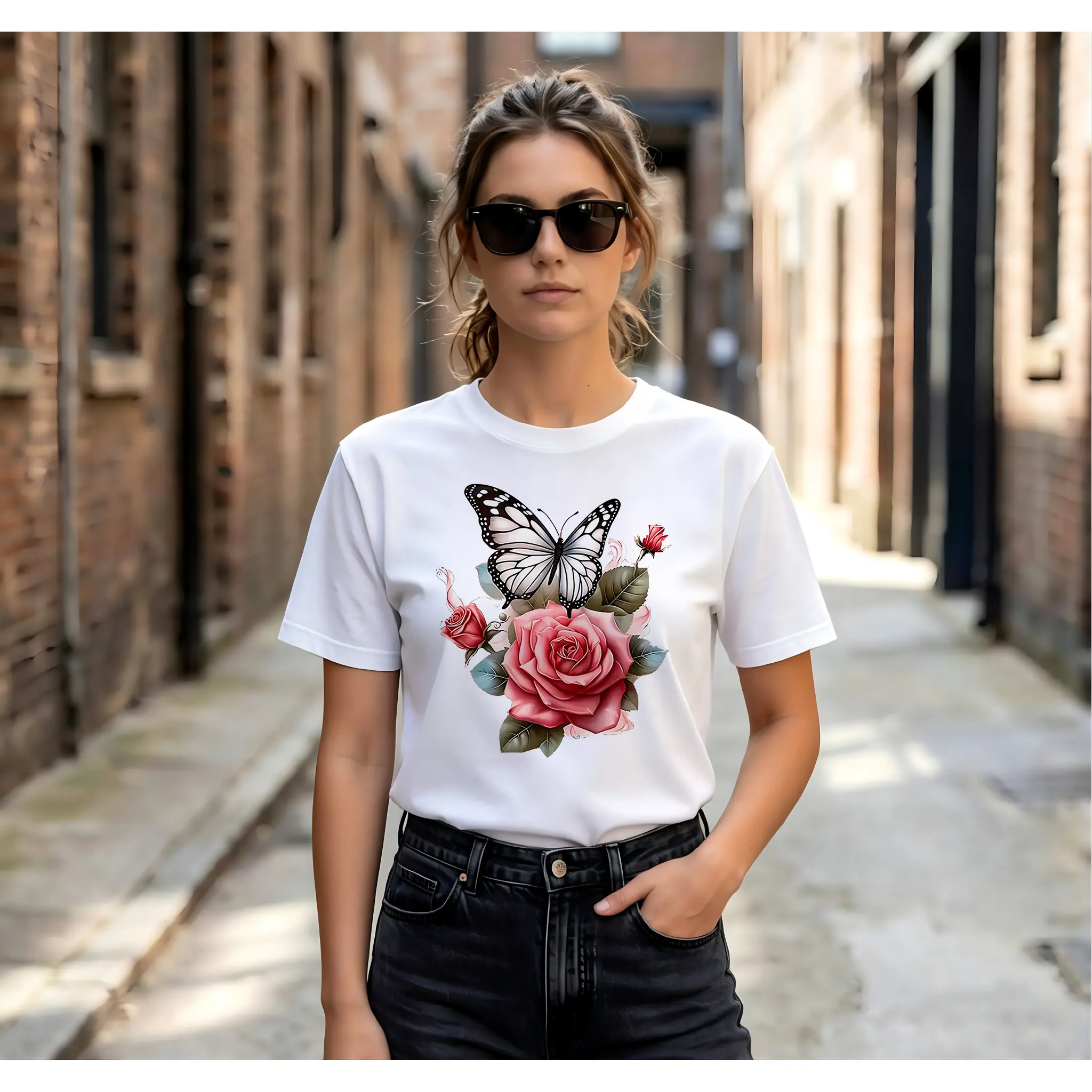 Women's Relaxed Fit Graphic Top in Soft Cotton - Elegant Rose & Plants Print, Breathable Streetwear for a Party, Women's Clothesboutique tees,printed tee,Casual Street tee