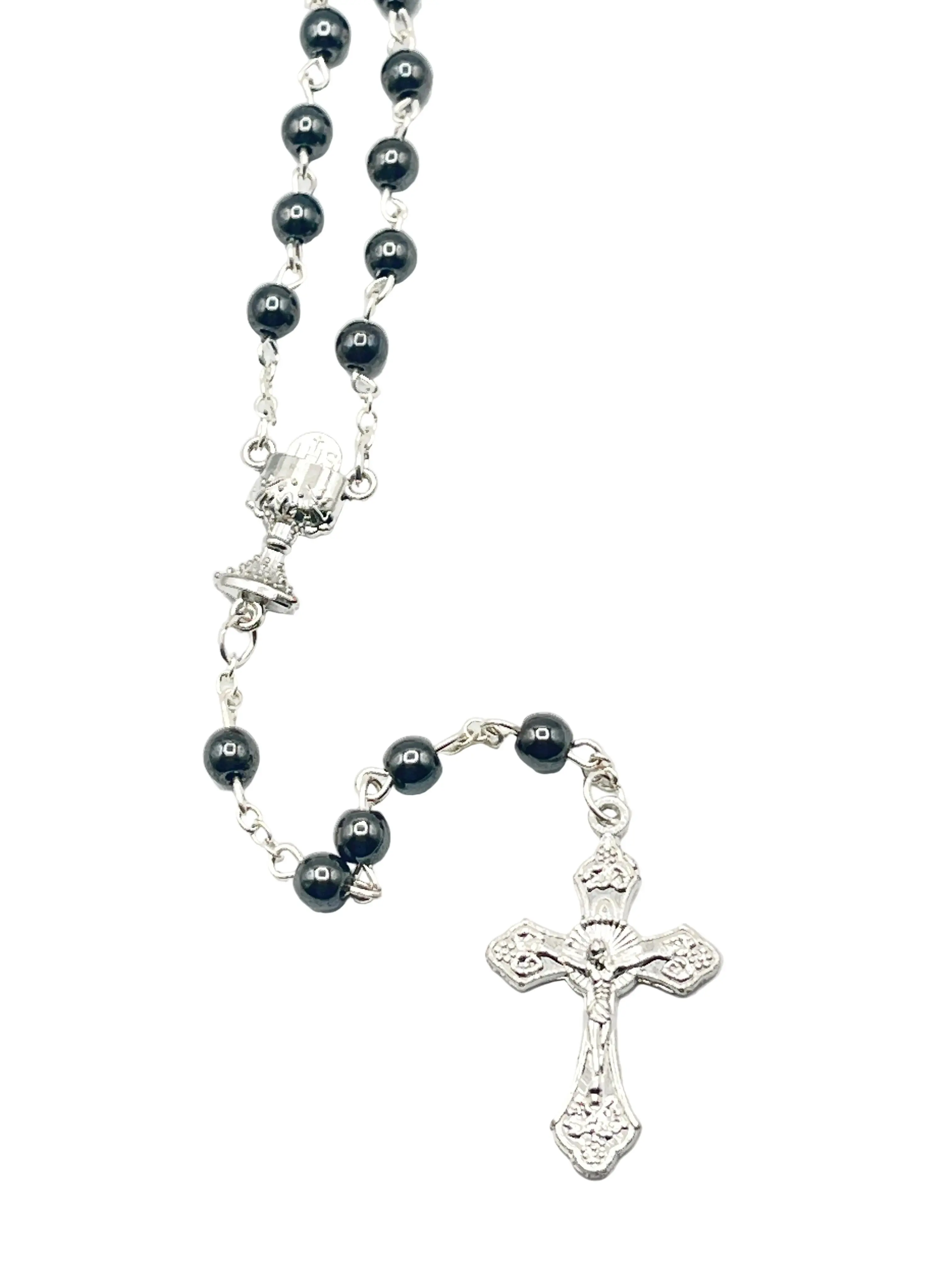 First Communion Hematite  Rosary with Chalice Centerpiece 6mm