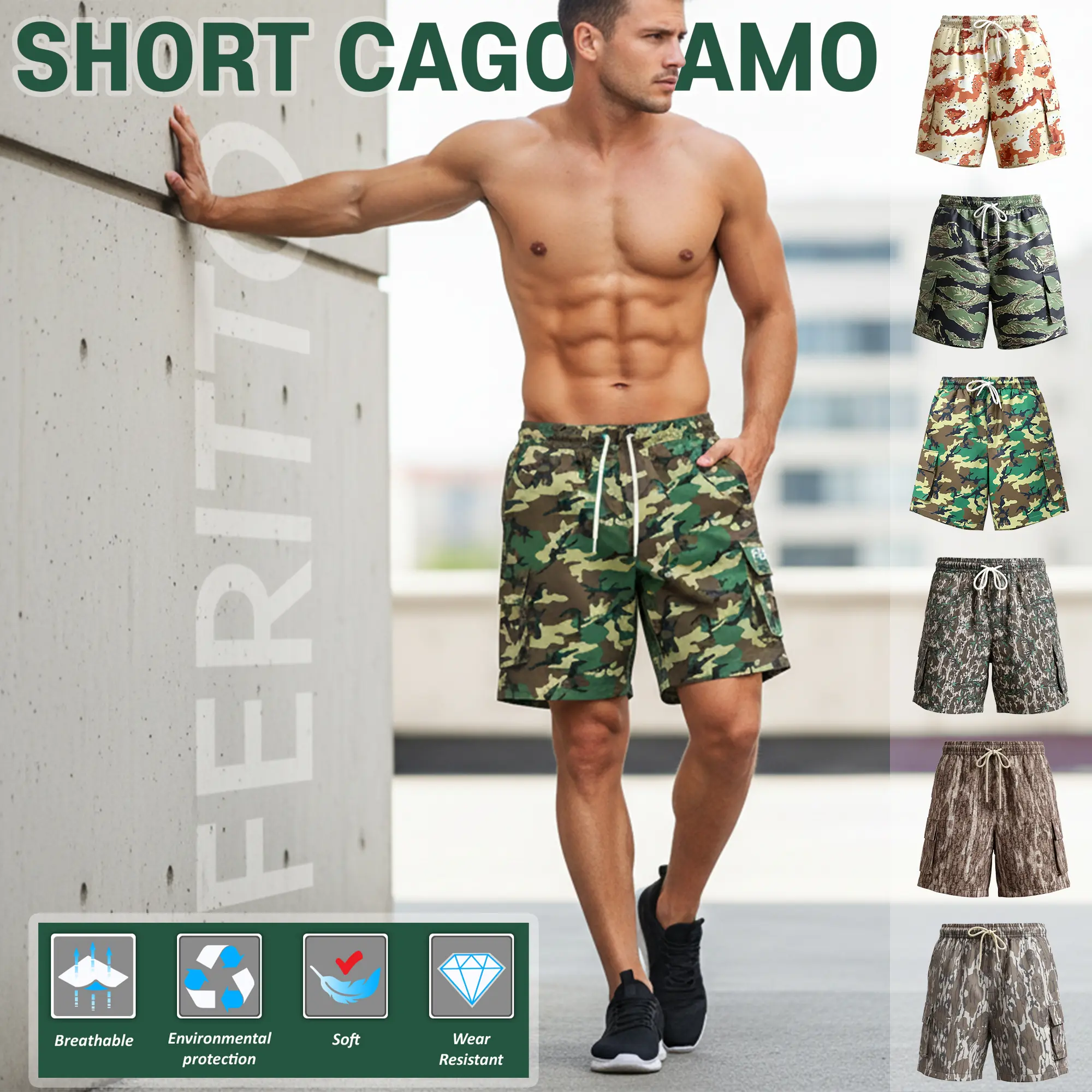 Men’s Camo Cargo Shorts – Lightweight Quick-Dry, Elastic Waist Drawstring, Above-the-Knee with Cargo Pockets, 1-Pack or 3-Pack Variation, Summer Military Streetwear