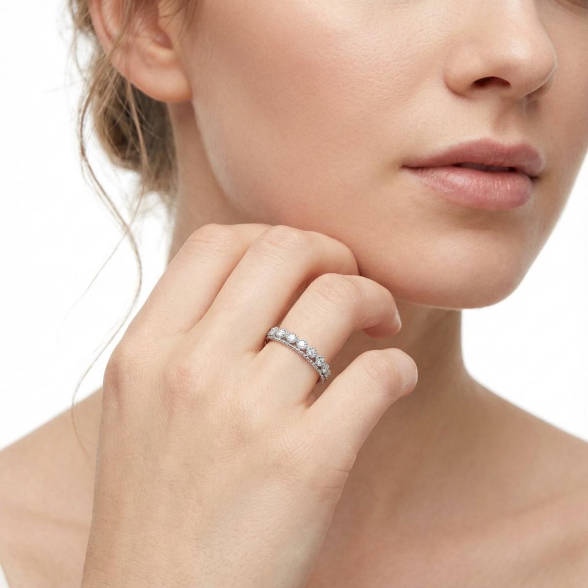 Delzzad Morning Dewdrop Ring Vintage Double Row Eternity Wedding Band Ring VVS Synthetic Moissanite Ring Jewelry Copper Band Perfect Birthday Engagement Wedding Anniversary Christmas Valentine's Day Gift