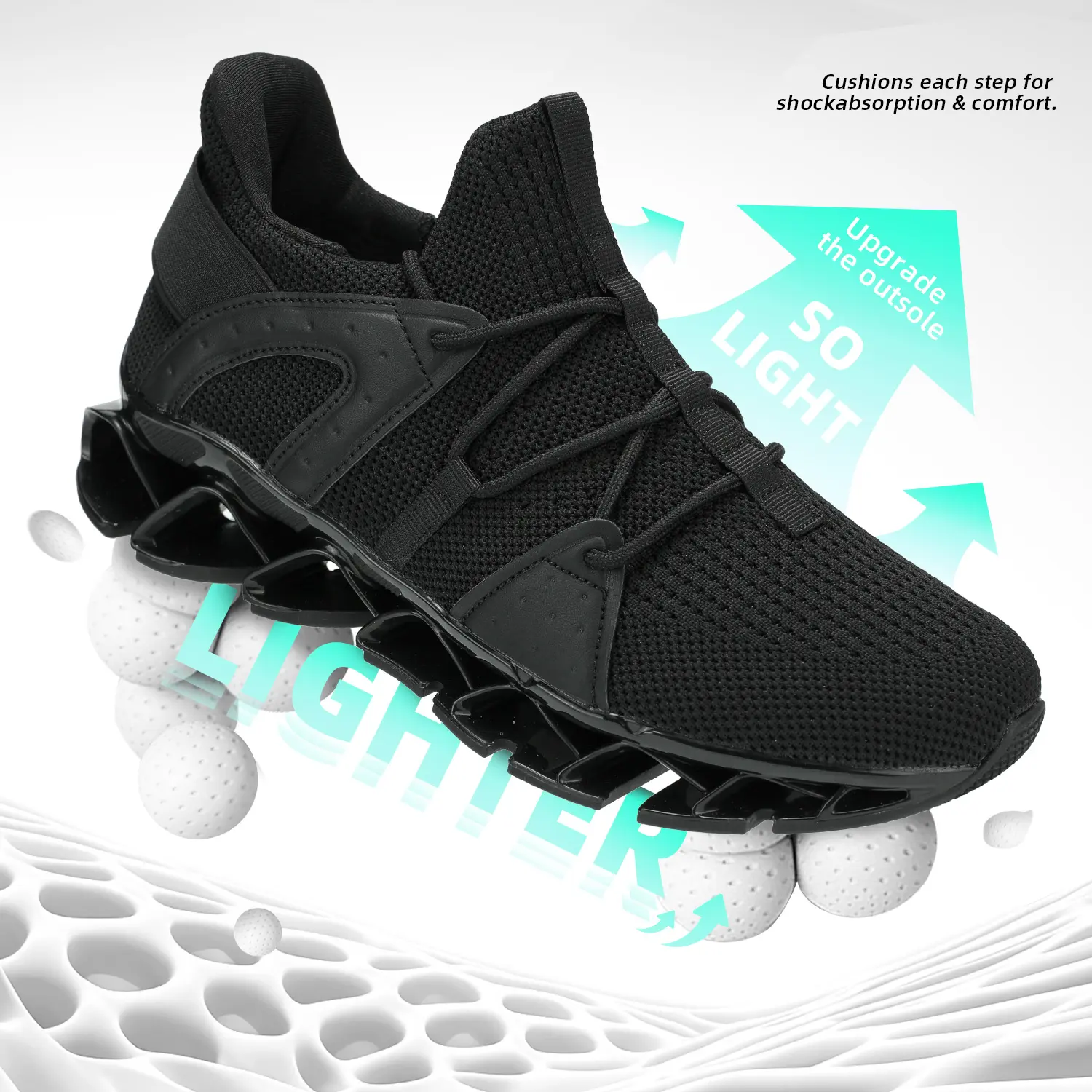 Men's All-Black Casual Trainers, Lighter Blade Running Shoes with Breathable Knit Mesh, Shock-Absorbing Mechanical Sole, Cushions, TPU Support, All Seasons Athletic Walking Shoes (EU43/US9.5),shoes for back to school,back to school shoes