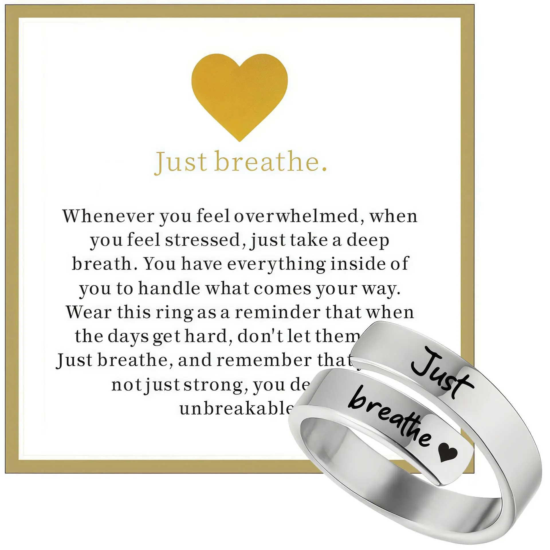 Unisex Adults' "Just Breathe" Interlocking Engraving Artificial Gemstone Aileen Anniversary Ring - 1 Size Gift Jewelry with Companion Card for Everyday Gifting