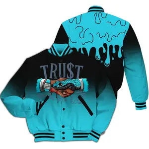 Varsity Jacket To Match Retro Gamma Blue 11s Trust No One Drip All Over Print High-Grade Polyester Knit Fabric Snap Closure Elastic Details Side Seam Pockets