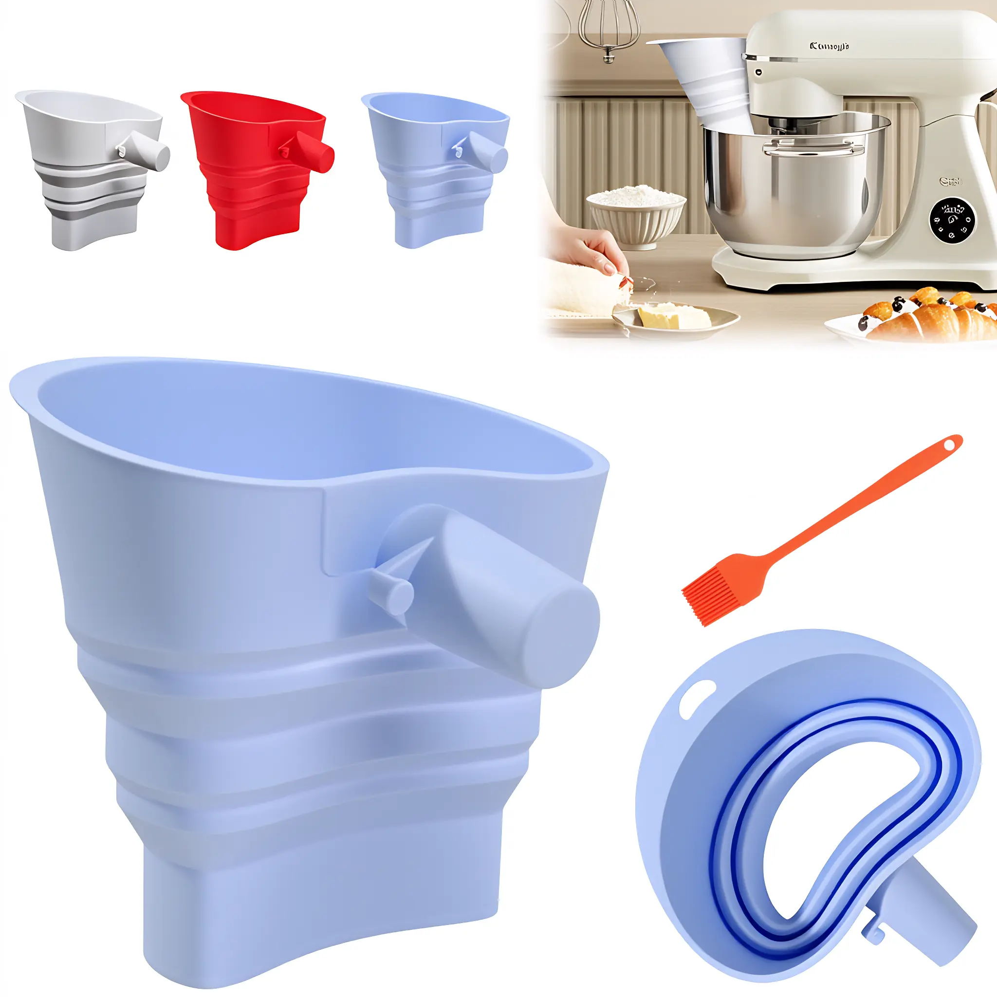 Flour Funnel for Kitchen Aid Mixer with, Kitchenware BrushEasy Pour No-Mess Attachment, Anti-Splash Accessory, Fits Tilt-Head 4.5–5 Qt (KSM150), Durable Dishwasher-Safe Baking Tool, 5-Quart Tilt-Head