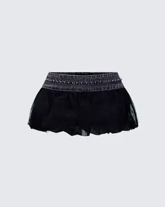 Titan Black Denim Puffball Mini Skirt