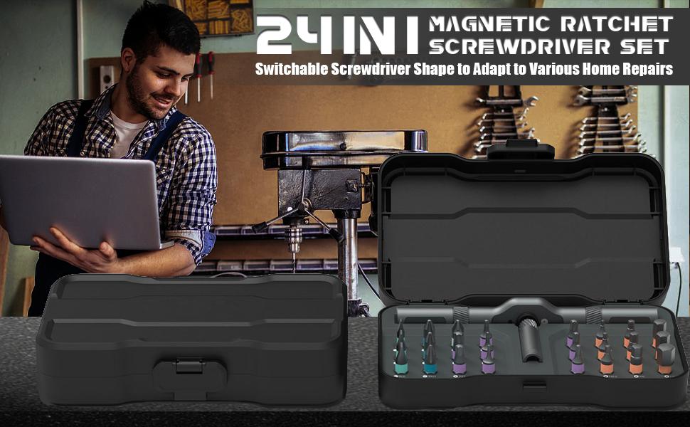 SEESE 24 in 1 Magnetic Screwdriver Set,Rotating Screwdriver Set, Multi-Function Repair Tool with Detachable Handle
