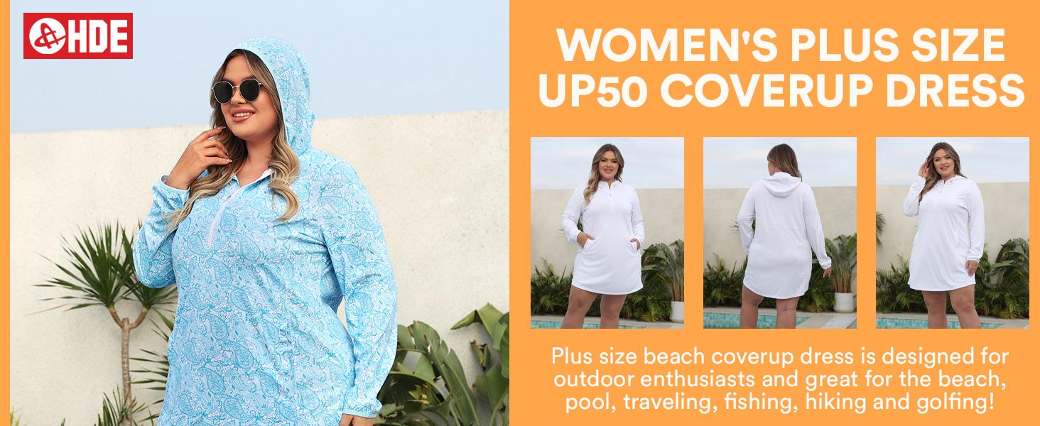 HDE Women's Plus Size Long Sleeve Swim Coverup Dress with Hood Beach Outdoor Wear UPF 50 Protection Breathable Quick Dry Fabric