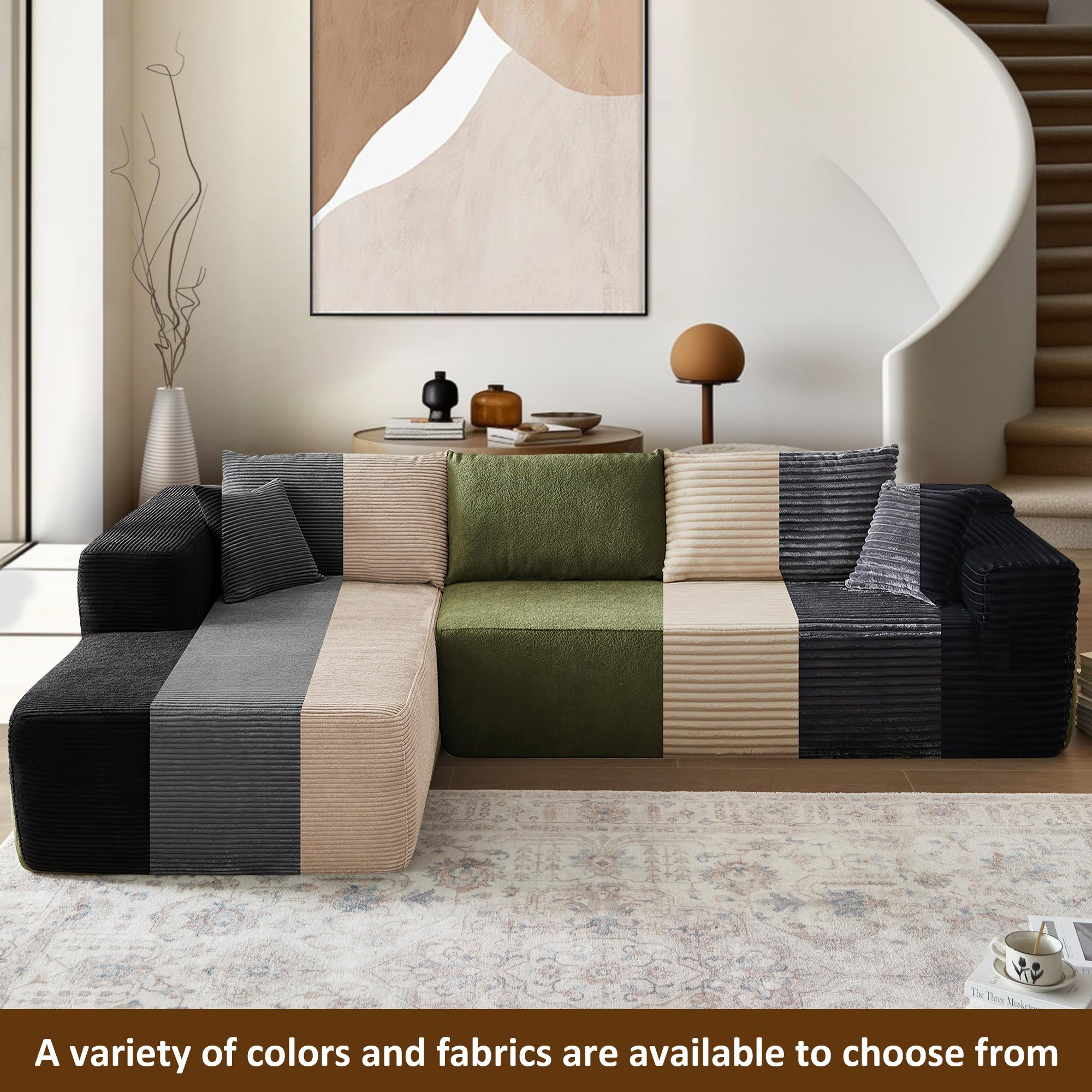 【2 Packages Shipping】Ovios 106" Plush Corduroy Cloud Velvet Modular Boneless Couch with Chaise & Ottoman, No Assembly Required - L/U-Shaped Sectional Sofa Set with Flexible Configuration - 107"W x 69.5"D x 30"H, 3 Seater