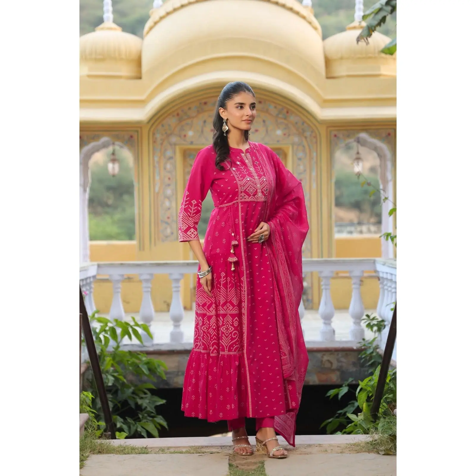 Women's Cotton Fabric A-Line Tunic Anarkali Kurta Set - Pink, Ethnic Printed, Long Length, Bottom, Dupatta, Traditional Festive/Party Wear Sleeve Suit