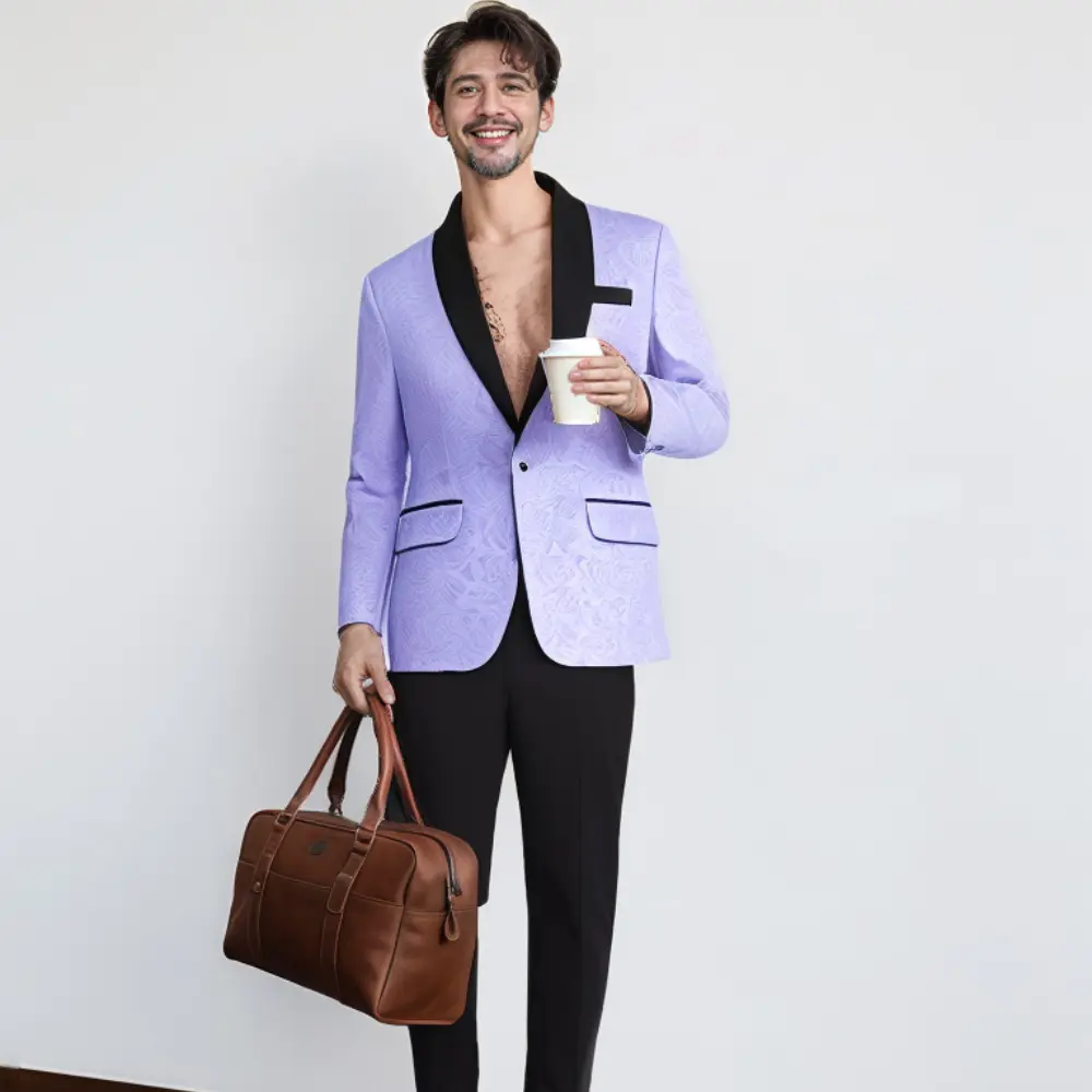 Mens Floral Tuxedo One Button Luxury Shiny Blazer Dinner Party Prom Wedding Suit Jacke-Pinkish Purple