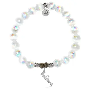 White Selenite Gemstone Bracelet with Believe Sterling Silver Charm