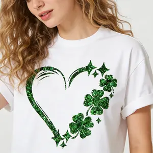 Women's St. Patrick's Day Glitter Heart Shamrock T-Shirt - Festive Irish Green Graphic Tee