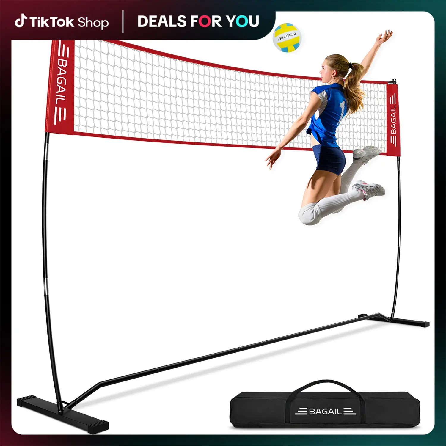 【BackToSchool】BAGAIL Volleyball Net, 12ft/20ft Portable Volleyball Net for Backyard - Adjustable Height, Heavy-Duty Frame, Freestanding Design - Portable Outdoor/Indoor Volleyball Set with Carry Bag family sport tiktokshopbacktoschool