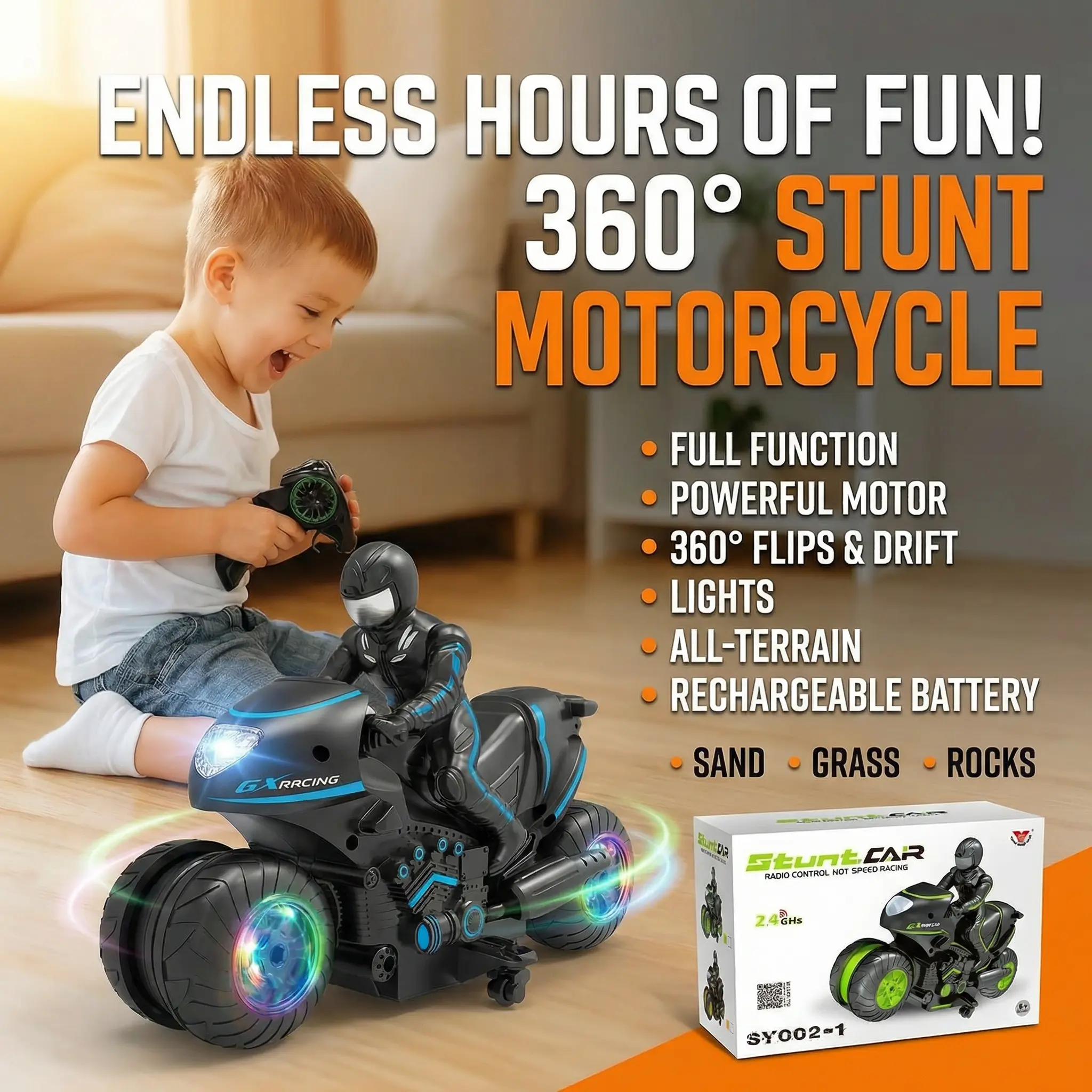 Unisex RC Dirt Bike Toy for Kids - BPA-Free, Powerful 2-Motor High-Speed, RGB Lights, 360° Flips & Drift Stunts, Rechargeable Battery, 100ft Range, All-Terrain (Sand, Grass, Rocks) Hobby Gift for Ages 4-12 (Birthday, RC Hobby)