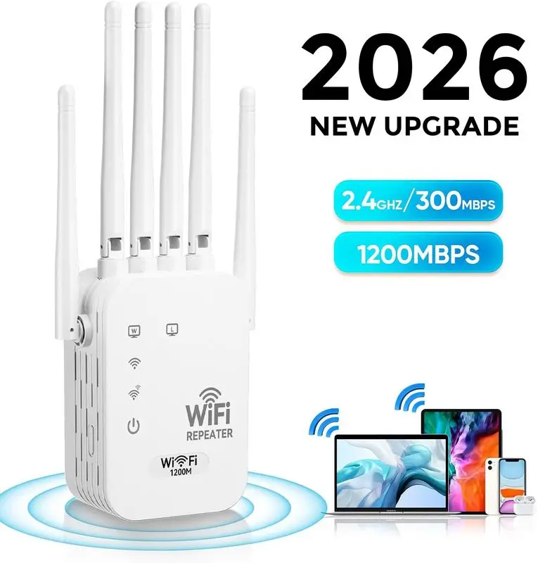 WiFi Extender 2026 6-Antenna Strong Signal, 1200Mbps Dual Band (5GHz/2.4GHz) Booster, Covers 12,000 sq. ft & 100 Devices, Repeater with Gigabit Port & AI Connectivity, Ideal for Home Studios, Remote Workspaces, VR Areas TikTokShopBlackFriday