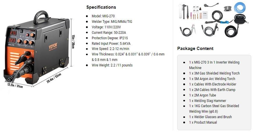VEVOR MIG Welder, TikTokShopBlackFriday, 130-270A Flux Core Welder, 3 in 1 Combo MMA/MIG/LIFT TIG Welder Machine, Portable MIG-130 Welding Machine IGBT Inverter, Automatic Wire Feeding Welder for Stainless Steel